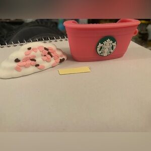 Pink Starbucks Cup airpods silicone case holder keychain